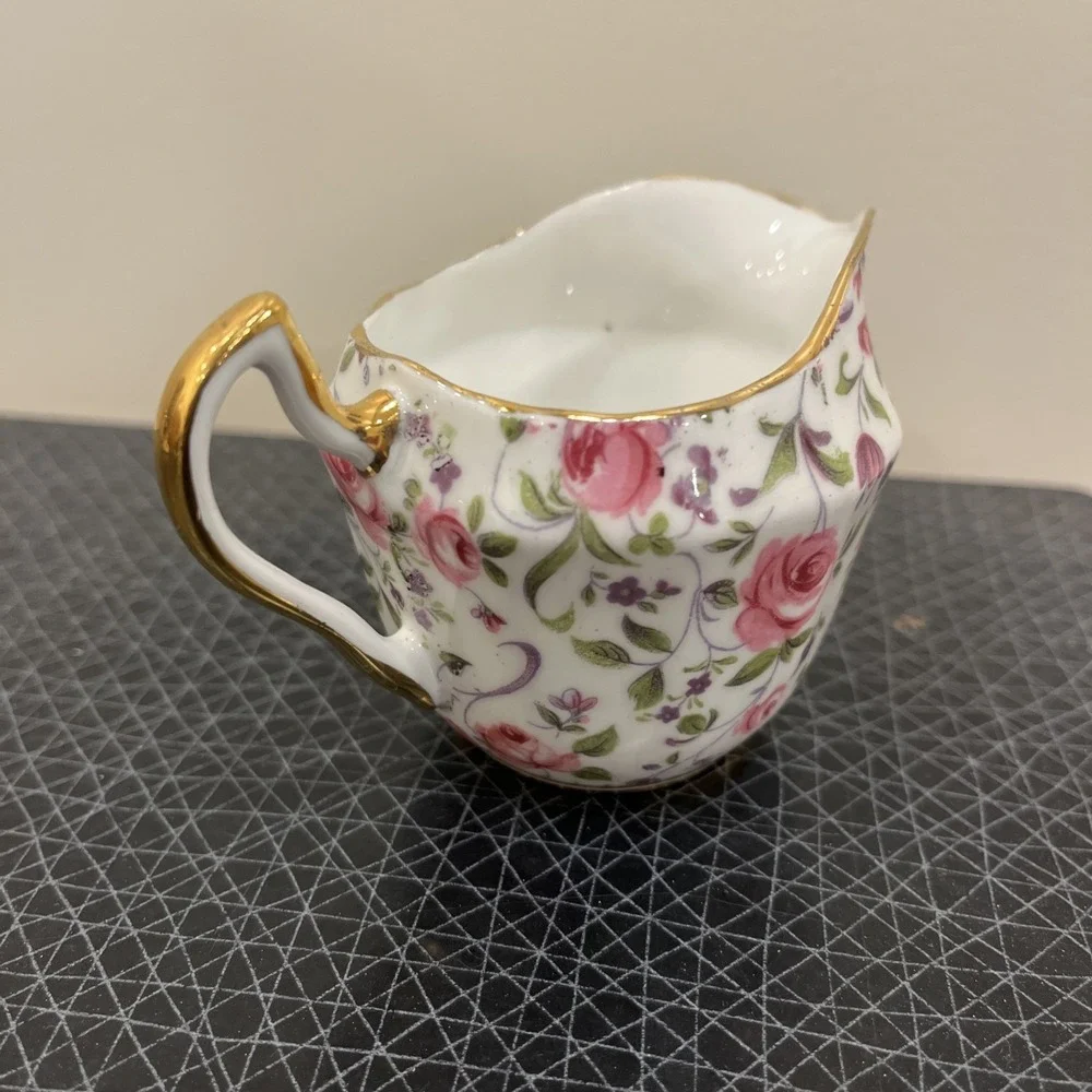 Clarence Bone China Pink Floral Chintz Milk Pitcher, Petite, Gold Trim Handle
